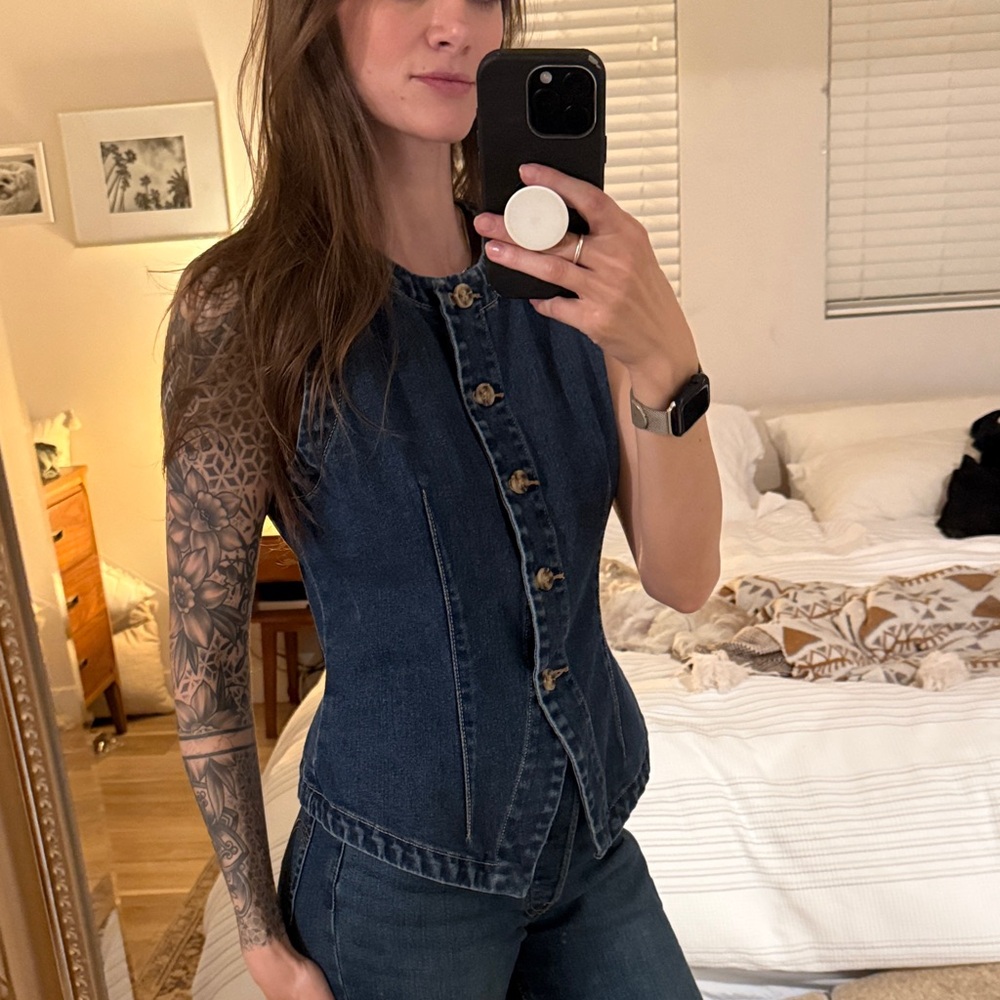 Dark Blue Denim Button-Front Women's Jeans Top